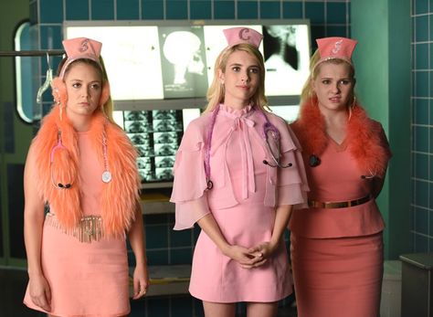 Scream Queens Season 2, Scream Queens Fashion, Scary Shows, Pink Scrubs, Female Friendship, Queen Fashion, Scream Queens, Emma Roberts, Costume Design