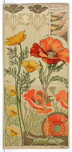 Riom. Californian Poppy and Field Poppy from Etudes de Fleurs. 1890s. Lithograph. Fiori Art Deco, Fleurs Art Nouveau, Motifs Art Nouveau, Design Art Nouveau, Mucha Art, Art Nouveau Illustration, Art Nouveau Flowers, Art Nouveau Pattern, Art Nouveau Tiles