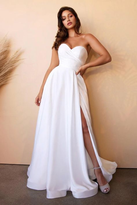 Cinderella Divine CD0166W Satin Strapless Long Bridal Gown | The Dress Outlet Modern Bridal Dress, Modest Bride, Long Bridal Gown, Corset Looks, Semi Formal Wedding, Floor Length Wedding Dress, Satin Wedding Gown, A Line Bridal Gowns, Cinderella Divine