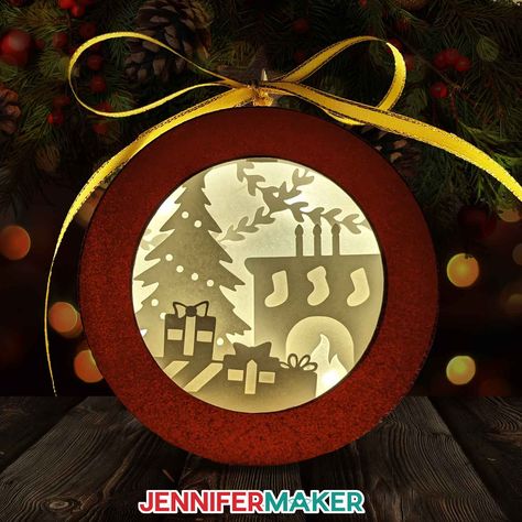 Paper ornament shadowbox with presents, a Christmas tree, and a fireplace with stockings One Million Subscribers, Angel Shadow, Cricut Christmas Ideas, Million Subscribers, Christmas Shadow Boxes, Farmhouse Ornaments, Maker Project, Cricut Christmas, Paper Ornaments