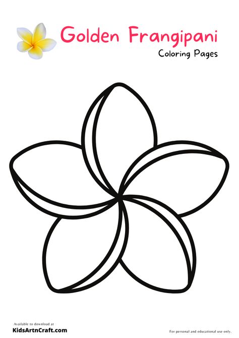 Golden Frangipani Coloring Pages For Kids – Free Printables Check more at https://www.kidsartncraft.com/golden-frangipani-coloring-pages/ Frangipani Drawing, Plumeria Flower Tattoos, Disney 2025, Flower Stencils, Frangipani Flower, Printables Free Kids, Plumeria Flowers, Flower Sketches, Flower Stencil