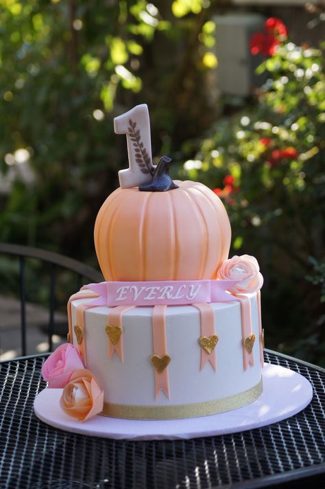 Pumpkin Birthday Cake Cute Tiered Birthday Cake With Pumpkin Top Decorated Cake Birth Pumpkin Birthday Cake, Tiered Birthday Cake, Fall First Birthday, Pumpkin Patch Birthday, Fall 1st Birthdays, Halloween First Birthday, Pumpkin Birthday Parties, Savory Cakes, Pumpkin 1st Birthdays