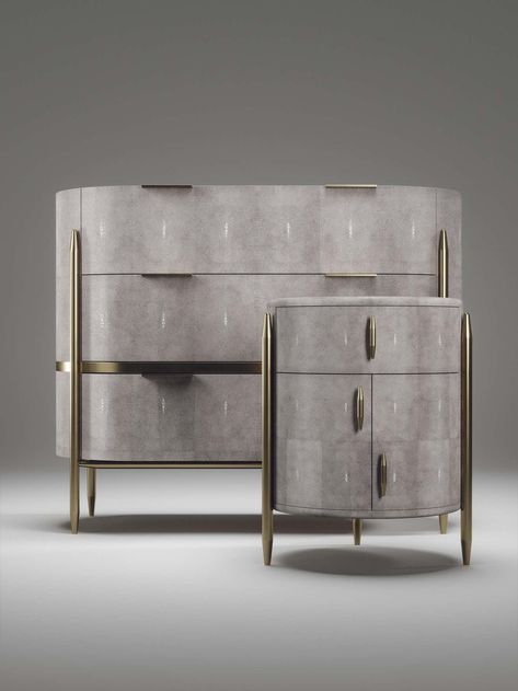 For Sale on 1stDibs - The Dandy oval chest of drawers by Kifu Paris is an elegant and a luxurious home accent, inlaid in light grey shagreen with bronze-patina brass details. Kifu Paris, Side Stool, Chest Of Drawers Design, Console Unit, Bed Side Tables, Chest Of Draws, Luxe Furniture, Bar Unit, Chest Of Drawer