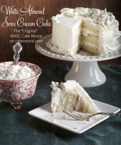 Almond Wedding Cake Recipe, Zinger Cake, Cake Cornbread, White Almond Sour Cream Cake, Cake Mix Donuts Recipe, Almond Sour Cream Cake, Wasc Cake, Almond Wedding Cake, Wasc Cake Recipe