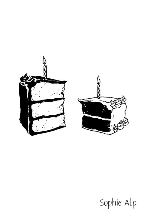 Birthday Cake Outline Drawing, Black And White Food Illustration, Slice Of Cake Illustration, Birthday Cake Illustration Drawing, Food Illustration Black And White, Slice Of Cake Tattoo, Drawing Of Birthday Cake, Piece Of Cake Illustration, Slice Of Cake Drawing