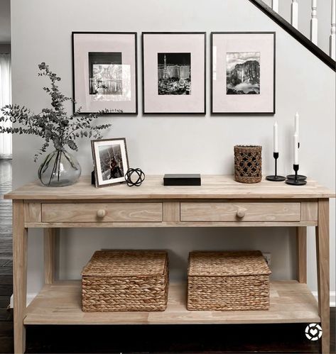 Console Table In Living Room Decor, How To Style A Hallway Table, Pictures Above Console Table, Styling Hallway Table, Natural Console Table, Transitional Console Table Entryway, Console Table Decorating Dining Room, Dining Console Table Decor, Living Room Console Table Decor Modern