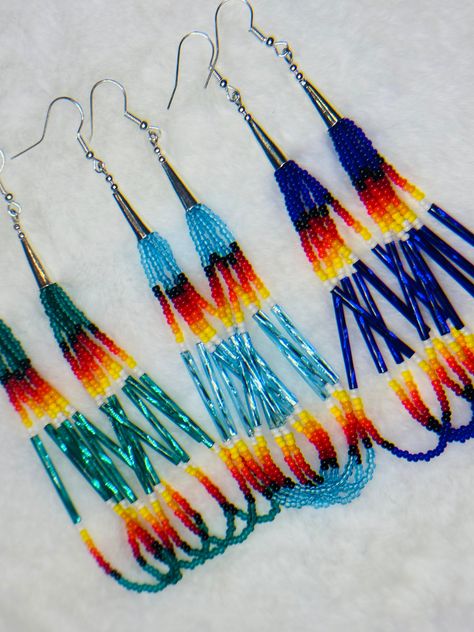 Orange Fringe Earrings, Native American Fringe Earrings, Beaded Earrings Native Beadwork, Fringe Earring Pattern, Fringe Earrings Diy, Beading Art, Fringe Beaded Earrings, Native Earrings, Beaded Patterns