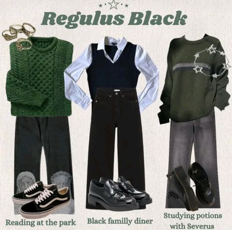 Dark Academia Masculine Outfits, Slytherin Style Outfits, Regulus Black Clothes, Regulus Black Outfit Aesthetic, Deep Green Outfit, Regulus Black Outfit, Slytherin Outfits Aesthetic, Slytherin Aesthetic Fashion, Sirius Black Outfit