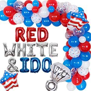 Red White And I Do, Usa Bachelorette Party Theme, Red White And Blue Bridal Shower Ideas, Fourth Of July Engagement Party, Bachelorette Party Decorations Balloons, Red White Blue Baby Shower Decor, Balloon Pop, Happy Fourth Of July, Engagement Decorations