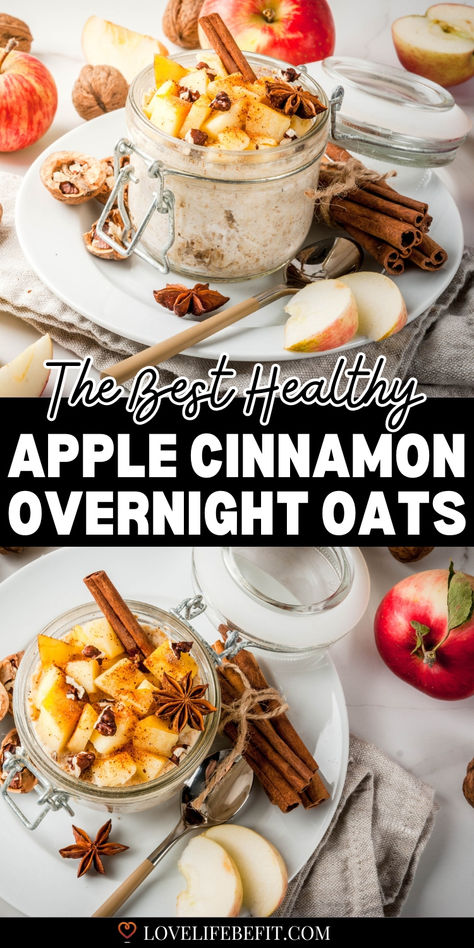 images of apple cinnamon overnight oats in a mason jar Overnight Oats Apple Cinnamon Chia Seeds, Overnight Oat Without Yogurt, Apple Protein Overnight Oats, Apple Pie Overnight Oats Protein, Overnight Oats Healthy Pregnancy, Apple Pie Overnight Oats Recipe, Apple Cinnamon Overnight Oats Healthy, Heart Healthy Overnight Oats, Apple Pie Overnight Oats Healthy