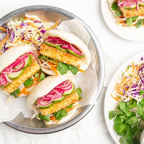 Crispy tofu and red onion bao buns | New World Tofu Bao, Family Vegetarian Meals, Pickled Red Onion, Quick Pickled Red Onions, Quick Pickled, Bao Buns, Crispy Tofu, Steamed Buns, Vegan Foodie