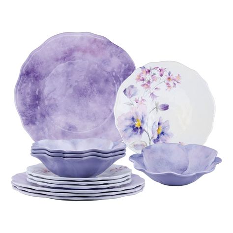 Purple Kitchen Accessories, Lavender Kitchen, Plate And Bowl Set, Purple Plates, Lavender Print, Melamine Dinnerware Sets, Purple Kitchen, Outdoor Dinnerware, Casual Dinnerware