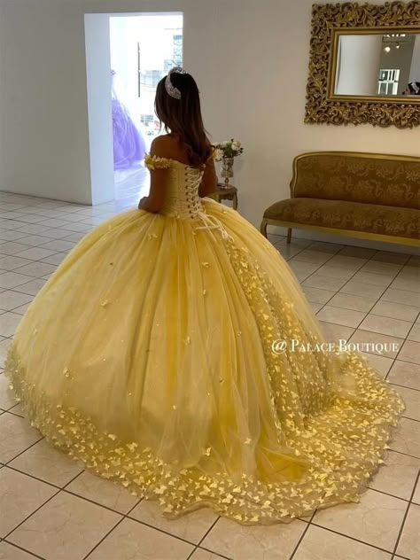 Yellow Quince Theme, Light Yellow Quinceanera Dress, Yellow Quince Dress, Butterfly Quince Dress, Quinceanera Dresses Yellow, White Quince Dress, Yellow Quinceanera Dresses, Gold Quince Dress, Yellow Quince