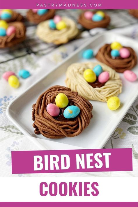 These Easter Cookies are made with chocolate and vanilla dough that is shaped like a bird’s nest and decorated with melted chocolate and marshmallow candy eggs. Bird Nest Cookies, Birds Nest Cookies, Easter Baking Recipes, Easter Carrot Cake, Marshmallow Candy, Easter Party Food, Candy Egg, Cookies Pastry, Easter Carrots