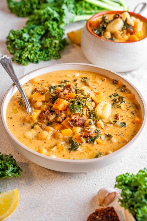 Tuscan Vegetable Soup Recipe, Tuscan Vegetable Soup, Carleigh Bodrug, Hearty Vegetable Soup, Cashew Cream, Vegan Soups, Vegan Soup, Vegetable Soup, Delicious Soup