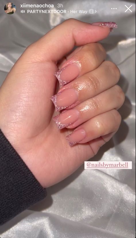 Pink Glitter Tip Nails, Rose Gold French Tip, Pink Sparkle French Tip Nails, Pink Glitter French Tip Nails, Glitter French Tip, Acrylic Nails Nude, Spring Acrylic Nails, Simple Gel Nails, Casual Nails