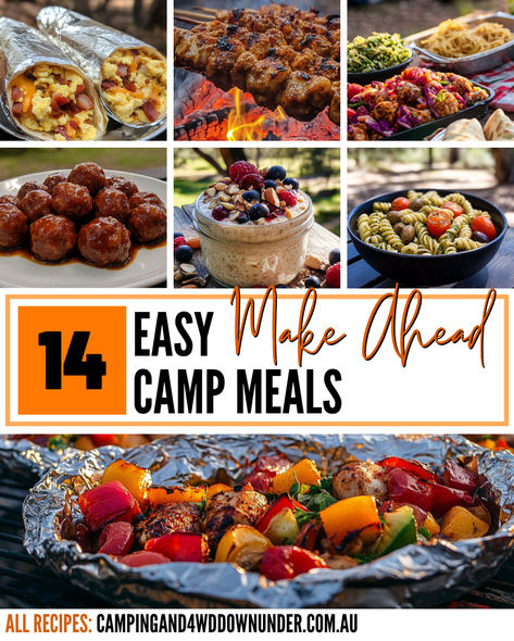 Collage of easy make-ahead camp meals, including breakfast burritos, marinated chicken skewers, pasta salad, BBQ meatballs, overnight oats, and foil packet dinners, all set in outdoor Australian camping scenes. Perfect for hassle-free and delicious camping adventures. Camping Prep Ahead Meals, Camp Foods, Food To Take Camping, Tent Camping Food, Family Camping Meals, Easy Camping Dinners, Easy Campfire Meals, Camp Meals, Campfire Dinners