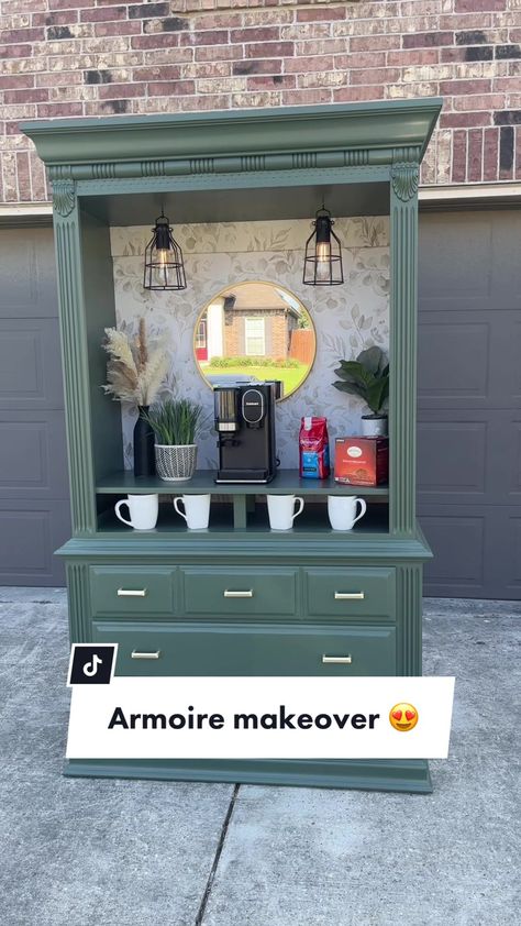 Coffee Bar Makeover, Armoire Coffee Bar, Bar Makeover, Armoire Repurpose, Armoire Diy, Clothing Armoire, Armoire Bar, Wooden Accent Wall, Armoire Makeover