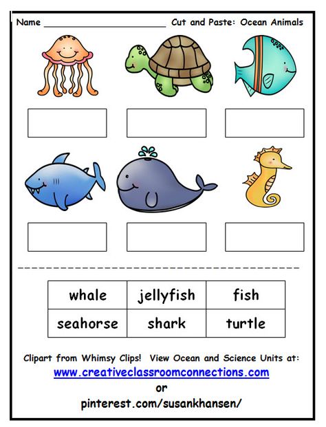 This ocean animals cut and paste is a fun activity for beginners. Other ocean and science units are available at: www.creativeclassroomconnections.com. Water Animals Worksheets For Kids, Rainbow Fish Printable, Ocean Animals Preschool, Ocean Activities Preschool, Preschool Ocean, Animal Facts For Kids, Ocean Animal Crafts, Animals Preschool, Ocean Theme Preschool