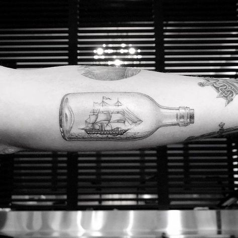 Ship In A Bottle Tattoo, In A Bottle Tattoo, Sailing Tattoo, Tattoo Machine Design, Sailboat Tattoo, Tattoo Ink Sets, Boat Tattoo, Ship In A Bottle, K Tattoo