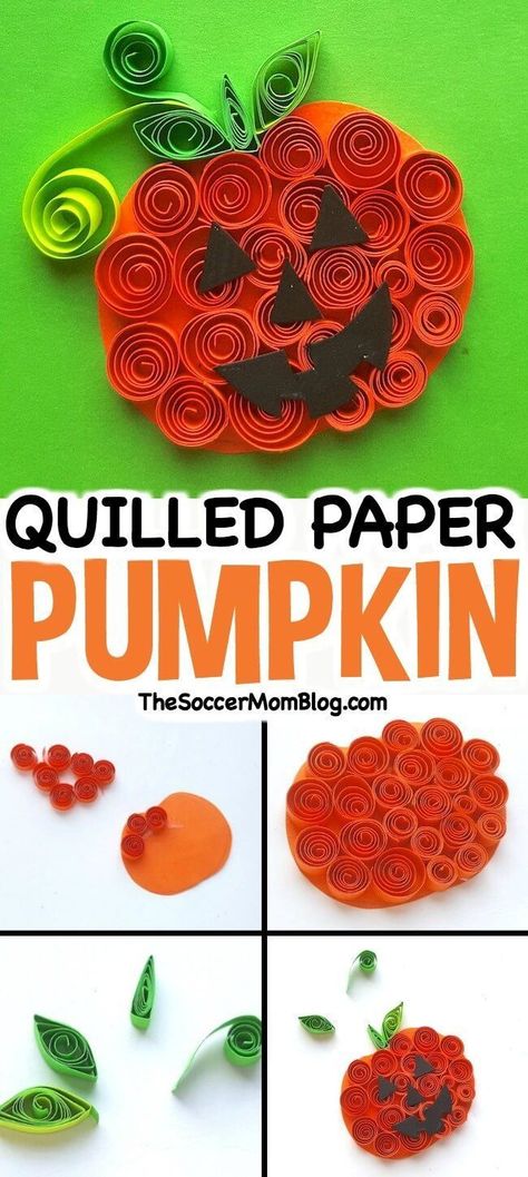 This cute quilled pumpkin is an easy Halloween paper craft and party decoration! Click for photo step-by-step instructions. #Halloween #papercrafts #paperquilling Quilled Pumpkin, Paper Pumpkin Craft, Fall Paper Crafts, Paper Pumpkins, Halloween Paper Crafts, Fall Arts And Crafts, Fall Crafts For Kids, Halloween Crafts For Kids, Pumpkin Crafts