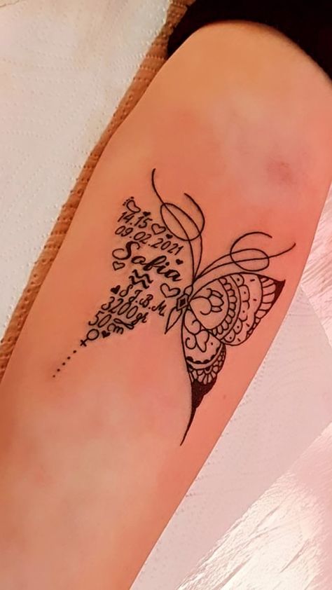 Tattoo With Name And Date, Butterfly Tattoo With Name, Butterfly Name Tattoo, Animals Tattoos, Name Tattoos, Date Of Birth, Butterfly Tattoo, Lotus Flower Tattoo, Fish Tattoos