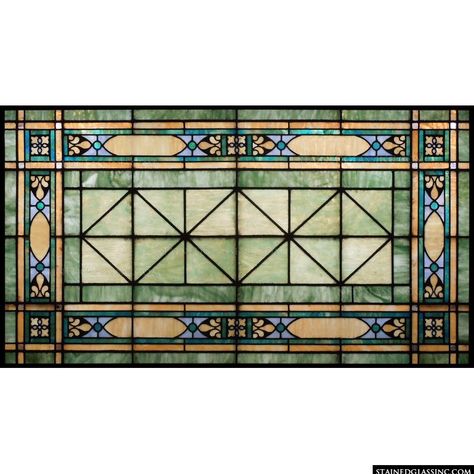 "Green and Blue Transom" Stained Glass Window Blue Green Stained Glass Window, Mission Stained Glass Patterns, Hobbit Farmhouse, Green Stained Glass Window, Blue Stained Glass Window, Playroom Remodel, Stained Glass Transom Window, Glass Window Decals, Antique Stained Glass Windows