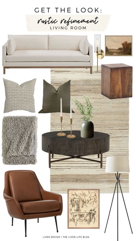 Olive And Wood Living Room, Taupe Black And Green Living Room, Olive Green And Cognac Living Room, Green And Brown Modern Living Room, Green And Neutral Living Room Modern, Rustic Wall Sconces Living Room, Olive Green Family Room, Modern Contemporary Accent Chair, Olive And Tan Living Room