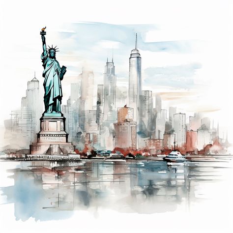 New York Skyline Art, New York City Sketch, Black Statue Of Liberty, New York City Illustration, New York Watercolor, Skyline New York, Special Images, Stickers Digital, 수채화 그림