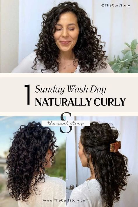 Naturally Curly Hair Sunday Wash Day schedule for great hair days every day of the week. @TheCurlStory Curly Hair Refresh Routine, Curly Hair Care Routine Natural Curls, Easy Long Curly Hairstyles, Hair Wash Schedule, Easy Hairstyles For Curly Hair Natural, Lazy Hairstyles For Curly Hair, Curly Hair Wash Routine, Washing Curly Hair, Curly Hair Work Styles