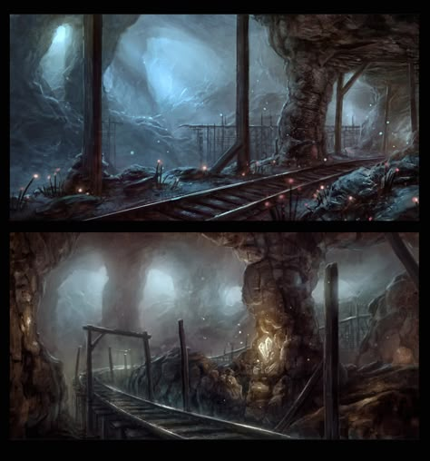 Underground mines by merl1ncz on DeviantArt Mineshaft Concept Art, Underground Illustration, Underground Caves, Underground World, Underground Cities, Location Inspiration, 다크 판타지, Fantasy City, Fantasy Setting