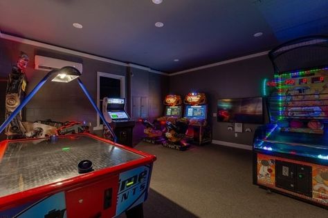 7 villas with amazing game rooms | Top Villas Basement Refinishing, Chill Out Room, Second Floor Balcony, Florida Villas, Arcade Room, Modern Basement, Polk County, Outdoor Sinks, House Games