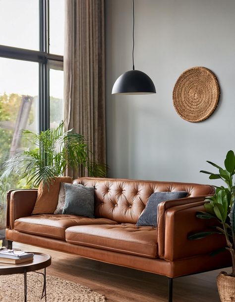 Incorporate Natural Elements Living Room Leather Couch Ideas, Leather Couch Ideas, Living Room Leather Couch, Cognac Leather Couch, Sunroom Deck, Leather Couch Living Room, Office Bedroom Ideas, White Couch Living Room, Cathedral Ceiling Living Room