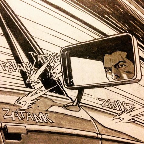 Somehow they missed the rear view mirror. #Standstill #imagecomics #andrewrobinson #comics #art @inverse_la #bmwcsicoupe #bmw by spacejunkees Comic Paneling, Design Poster Ideas, Unlock Car Door, Wolf Street, Mirror Tattoos, Paneling Ideas, Mirror Illustration, Mirror Drawings, Andrew Robinson