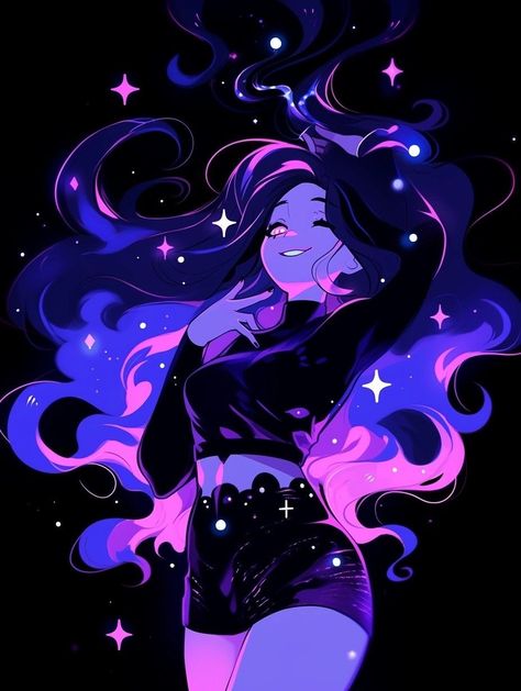 Satyress Art, Mystical Drawing Ideas, Purple Character Art, Galaxy Hair Drawing, Moody Drawings, Galaxy Character Design, Purple Pfp Aesthetic, Purple Profile Picture, Purple Anime Aesthetic