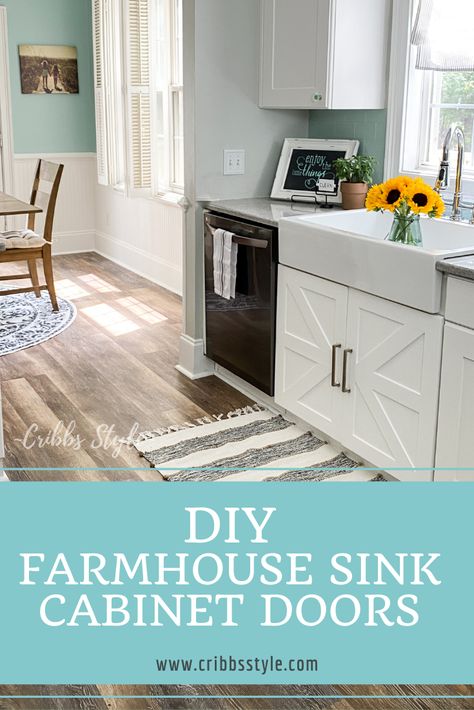 Step by step tutorial on how I built custom farmhouse sink cabinet barn doors. #cribbsstyle #kitchenDIY #farmhousesink #farmhousesinkcabinetdoors #DIYbarndoors Farmhouse Sink Cabinet, Farmhouse Christmas Kitchen, Rustic Farmhouse Kitchen Cabinets, Calm Home, Small Dining Room Table, Custom Cabinet Doors, Small Cottage Kitchen, American Farmhouse Style, Custom Farmhouse