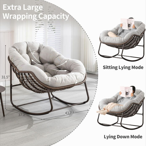 Outdoor Papasan Rocking Chair - Oversized Comfy Patio Chair Indoor Egg Royal Rattan Rocking Chair with Cushion for Front Porch Lounge Lawn Bedroom Living Room (Beige Grey) 【EGG SHAPED ROCKER】This large egg rocking chair measures 43.7" D x 37.2" W x 31.5" H, it has an egg shape that wraps you in its comfortable structure and swings 30° back and forth, rocking gently and smoothly to give you maximum comfort to rest. 【EASY TO ASSEMBLY】 Living Room Beige, Rattan Rocking Chair, Luxury House Interior Design, Indoor Chairs, Outdoor Rocking Chairs, Reading Chair, Patio Chairs, Luxury House, Rocking Chair