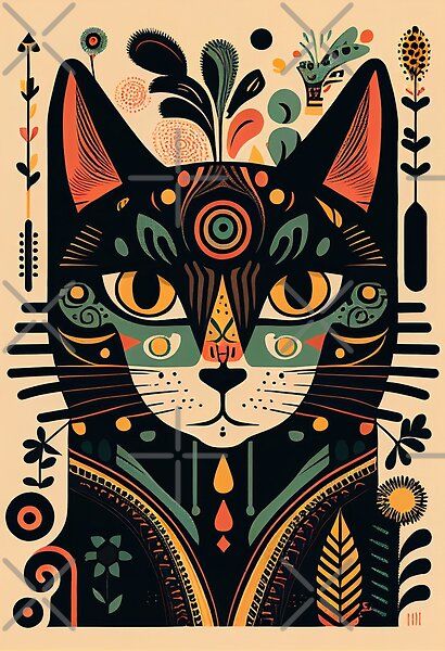 Bohemian, Mid Century, retro art print of a colorful cat. Boho Animal Art, Modern Cat Art, Art Deco Cat, Animal Paintings Acrylic, Abstract Cat, Japan Tattoo Design, Colorful Cat, Painting Wall Decor, Print Painting