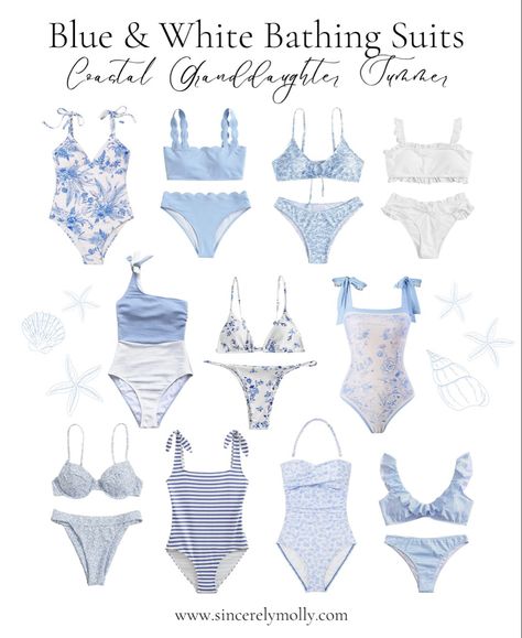 Coastal Grandma Bathing Suits, Costal Granddaughter Bathing Suits, Grandmillennial Style Clothing, Coastal Grandmother Bathing Suit, Coastal Grandmother Aesthetic Bikinis, Coastal Grandmother Swimsuit, Blue And White Bathing Suit, Coastal Granddaughter Shirts, Coastal Granddaughter Bathing Suit