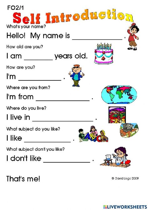 All About Me Worksheet, English Exercises, Learning English For Kids, Introduce Yourself, English Worksheets For Kids, Kids English, English Lessons For Kids, Classroom Language, English Activities