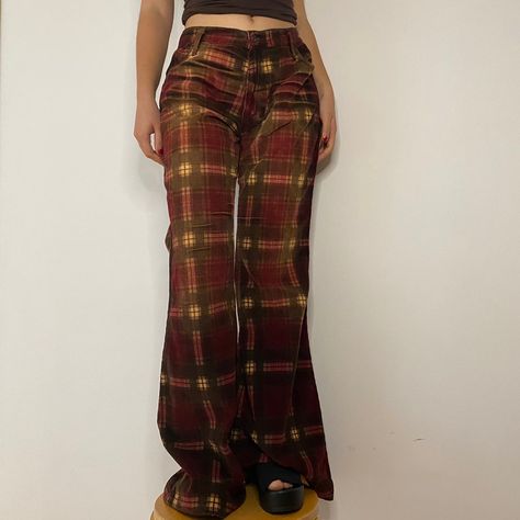 Vintage Plaid Pants For Fall, Whimsigoth Fashion With Pants, Vintage Brown Winter Pants, Hippie Plaid Pants, Ego Clothing, Vintage Brown Plaid Pants, Brown Pants Outfit, Plaid Pants Outfit, 70s Outfits