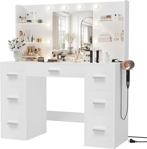 Furmax Vanity Desk with Mirror, LED Lights and Power Outlet Makeup Vanity Table with 7 Drawers and 6 Storage Shelves Dressing Table for Bedroom Dressing Room (White) Shelves Dressing Table, Dressing Table For Bedroom, Mirror Led Lights, Pink Apartment, Vanity Desk With Mirror, Desk With Mirror, Bedroom Dressing Room, Makeup Vanity Table, Clear Mirror