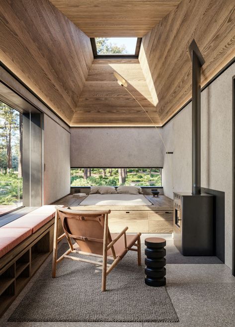 Bedroom Skylight, Eco Design Interior, Eco Cabin, Interior Cladding, Prefab Cabins, Mirror House, House Extension Design, Hotel Interior Design, Hotel Boutique