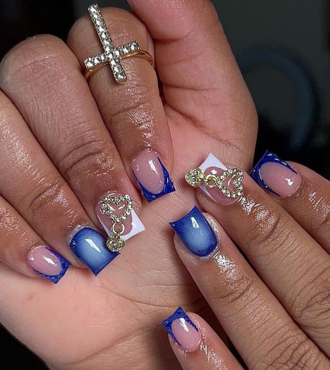 Blue Vacay Nails, Short Christmas Nail Designs Blue, Short Blue Acrylic Nails Designs, Short Nails Blue Design, Short Blue Square Nails, Short Royal Blue Acrylic Nails, Blue Hoco Nails, Blue Birthday Nails, Square Nails Blue