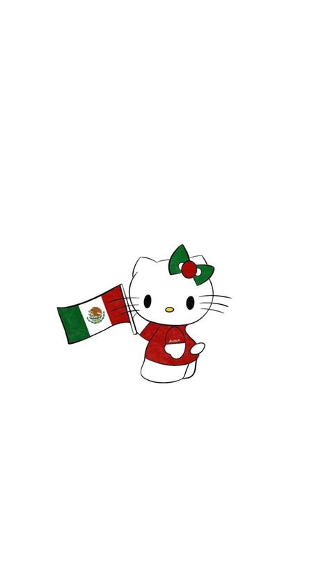 Hello Kitty holding the flag of Mexico in a red outfit with a green & red bow on her head Hello Kitty Mexican, Mexican Hello Kitty, Mexican Wallpaper Aesthetic, Wallpaper Mexican, Mexico Wallpaper, Tiktok Pfp, Pink Wallpaper Hello Kitty, Playlist Covers Photos, Quince Ideas