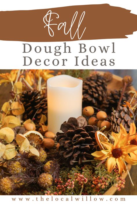 Have a dough bowl that you’re unsure how to decorate? Look no further! #fall #falldecor #fallcenterpiece #doughbowl #autumn #decor #decorationideas #diningroomdecor #tabledecor #tabledecorations Wooden Bowl Fall Decor Ideas, Wood Bowl Fall Decor, Doughbowl Centerpiece Fall, Dough Bowl Fall Decor Ideas, Wooden Bowl Decor Ideas Rustic, How To Decorate A Dough Bowl For Fall, Bread Bowl Decor Centerpieces Fall, Fall Bread Bowl Decorations, Large Bowl Centerpiece Ideas