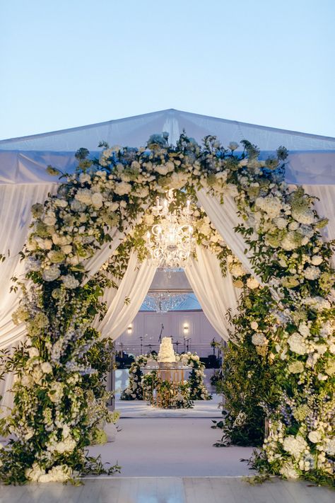 Glamorous all-white wedding tent entrance. Event & Floral Design: Renny & Reed, Planner: MaryBeth Brossart, Photography: Casto Photo, Venue: South Valley Lodge, South Carolina Wedding Tent Entrance Ideas, Outdoor Wedding Ceremony Entrance, Floral Entryway Wedding, White Wedding Entrance Decor, Aisle Design Wedding, Gate Entrance Wedding Decor, Wedding Tent Entrance Decor, Flower Wedding Entrance, Tent Entrance Wedding