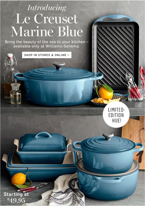 Le Creuset Marine Blue - Starting at $49.95 - SHOP IN STORES & ONLINE Le Creuset Blue, Le Creuset Cookware, Gadgets Kitchen Cooking, Kitchen Solutions, Cookware Sets, Cool Kitchen Gadgets, Blue Kitchens, Kitchen Inspo, Kitchen Equipment