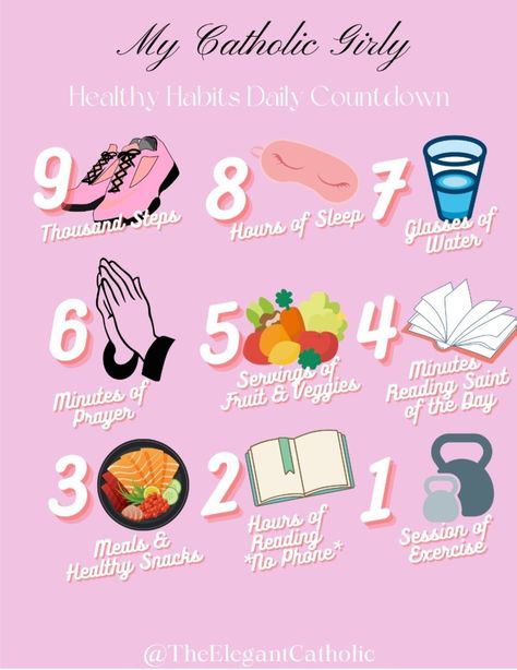 Hi Angels! This is My Catholic Girly Helathy Habits Daily Countdown Sleep Glasses, Daily Countdown, 7 Hours Of Sleep, Spiritual Journey, Healthy Habits, Healthy Snacks, The Creator