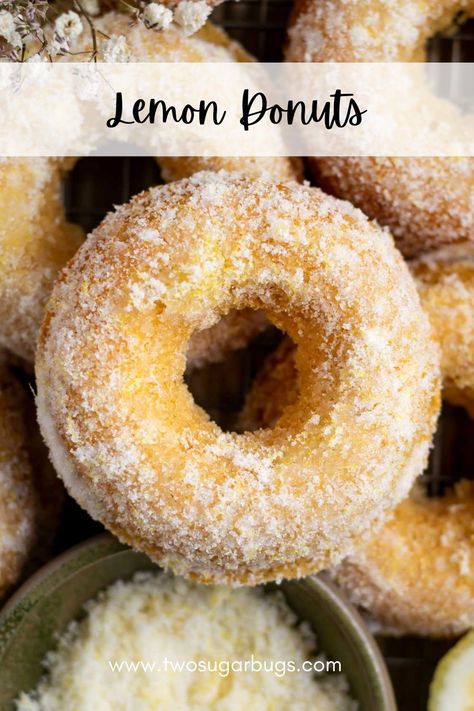 Lemon donuts are soft cake donuts that are baked, not fried. Topped with a lemon sugar, they are full of lemon flavor! Donut Recipe Fried, Lemon Treats, Breakfast Spread, Soft Cake, Fried Donuts, Sugar Donut, Baking Items, Lemon Sugar, Lemon Flavor